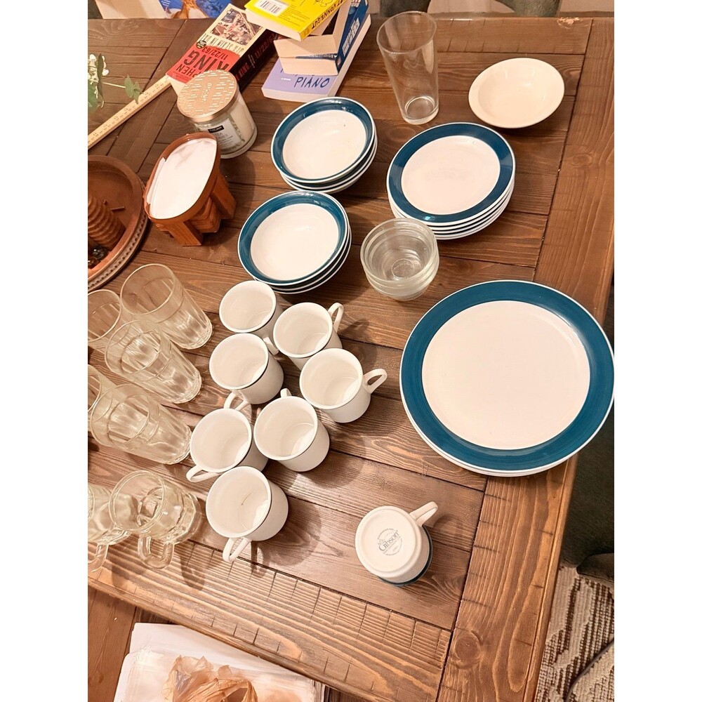Gibson white and blue dinnerware set